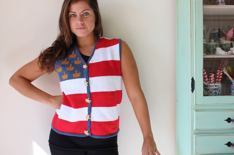granny sweater costume retro 1980s sweater bright festive holiday red white and blue fun 1980s Basket Country Sweater Vest....red
