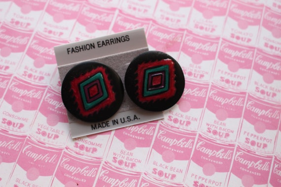 1980s Made in USA Black Pink Stud Earrings.....co… - image 2