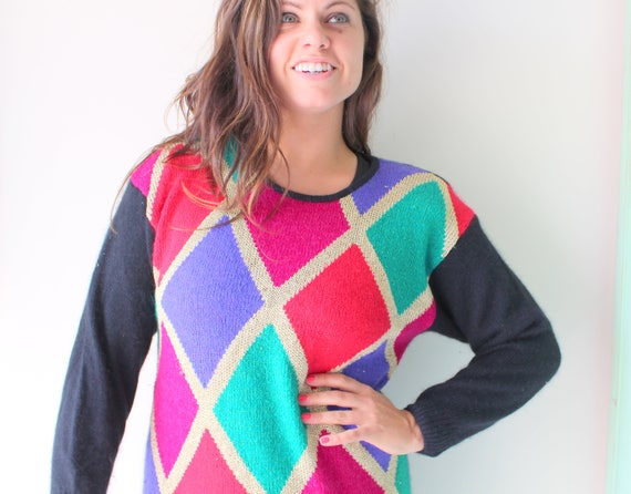 1980s RAINBOW SILK Oversized Geometric Sweater...… - image 1