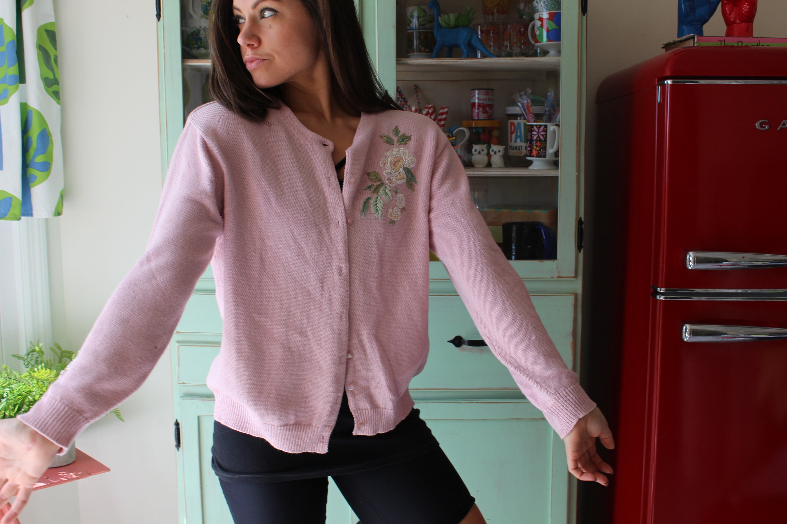 Vintage 80s Floral Knit Cardigan: Pastel Cottage Chic