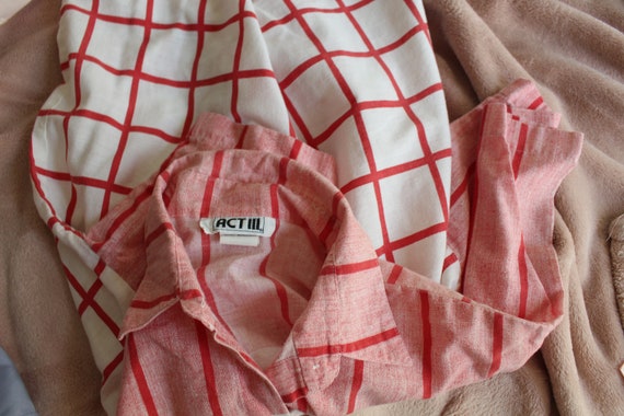 Vintage Red White Check Striped Unisex Blouse....… - image 5