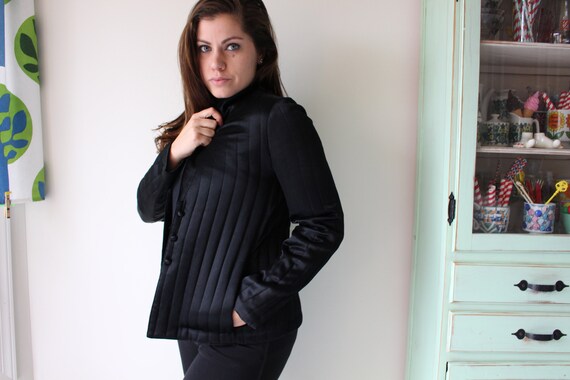 1990s Vintage BLACK SATIN Blazer Jacket...size sm… - image 2