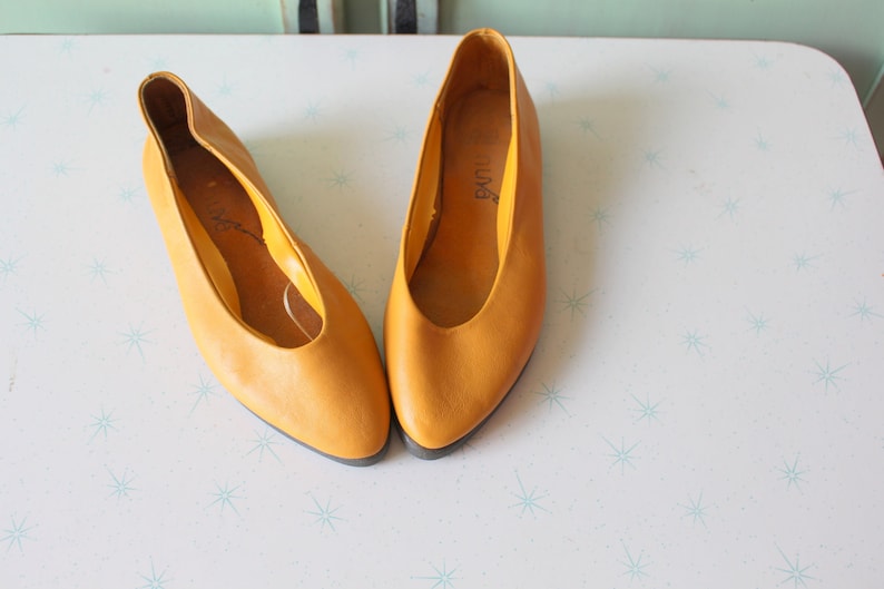 1980s Mustard Yellow Leather NUVA Flats...size 6 women...yellow. party. mod. classic. retro. designer. dijon. autumn. yellow shoes. 80s image 1