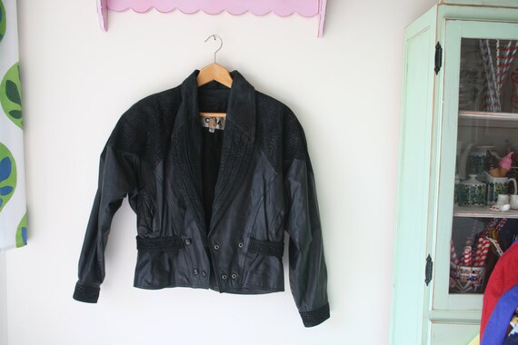 1980s BLACK LEATHER Jacket...biker. retro. design… - image 2