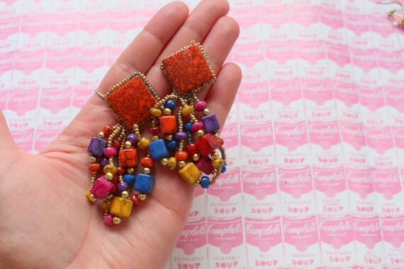 1980s Orange Beaded Dangle Earrings: Colorful Costume Glam