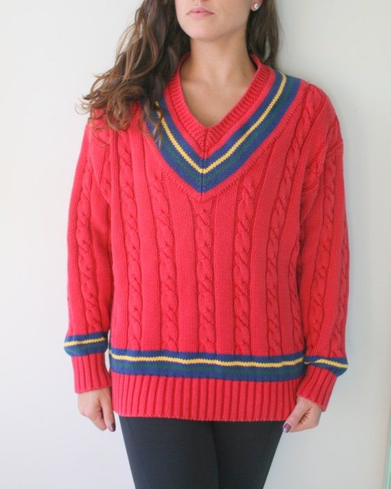 Vintage 90s GAP Cotton Cable Knit Sweater: Red Nautical Pullover