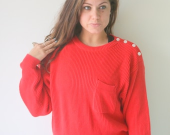 1990s LIZ SPORT Red Sweater..size medium..colorful. bright. retro. unisex. 1980s sweater. rad. red. pullover. hipster. nautical. cardigan