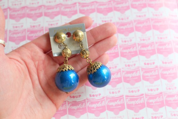 1980s Glam Beaded Bulb Earrings: Blue Retro Kitsch
