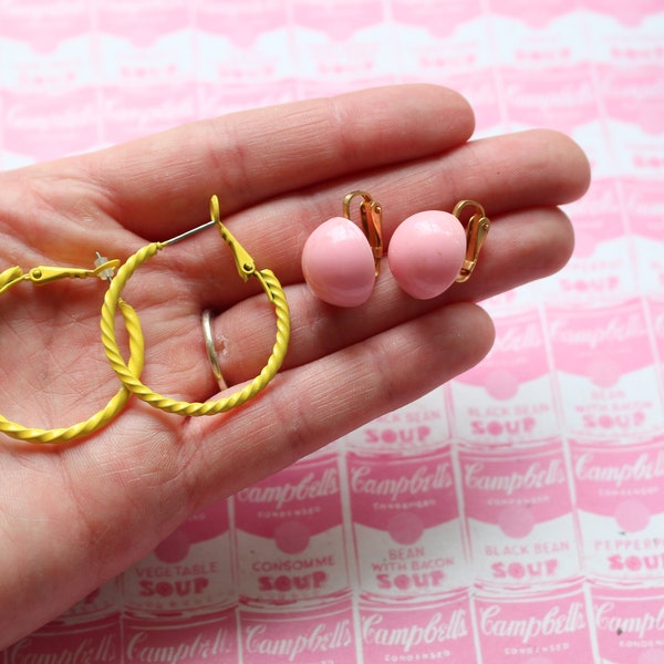 1980s Repair RETRO SET of Earrings....costume jewelry. retro. yellow hoops. pink clip ons. killer. rad. dangly. 80s jewelry. twiggy. mod