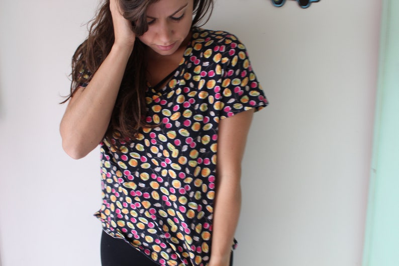 cherry orange urban lemon. vintage blouse blouse Vintage FRUIT Blouse..size xlarge womens..mod ladies mad men womens