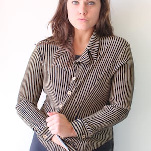 Vintage Striped Blouse: Silky Olive Green & Black Button-Up
