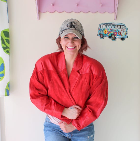 1980s RED LEATHER Coat Jacket...size large...retro
