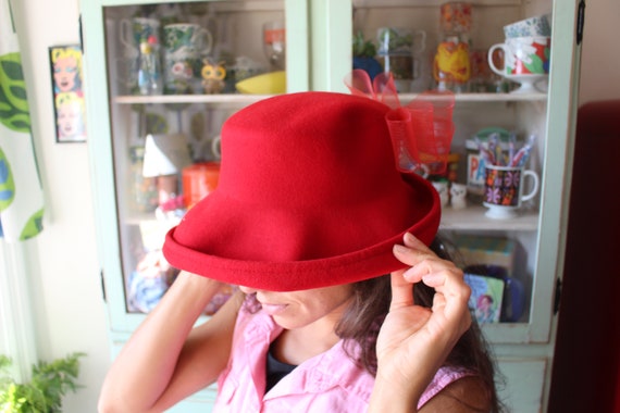 1980s Cherry Red Bow Hat...vintage hat. church. g… - image 3