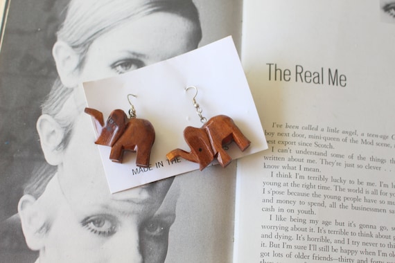 80s Vintage ELEPHANT Earrings....wood. pierced ea… - image 1