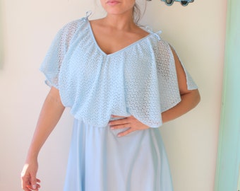 1960s Blue Wedding Dress, Crochet Lace Bodice, Size Small