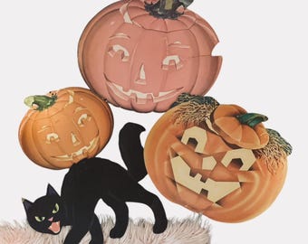 Vintage Halloween Paper Cutouts: Pumpkin, Black Cat, Witch Decor