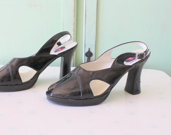 1990s Peep Toe Stiletto Heels, Black Slingback Pumps - Women's Size 8