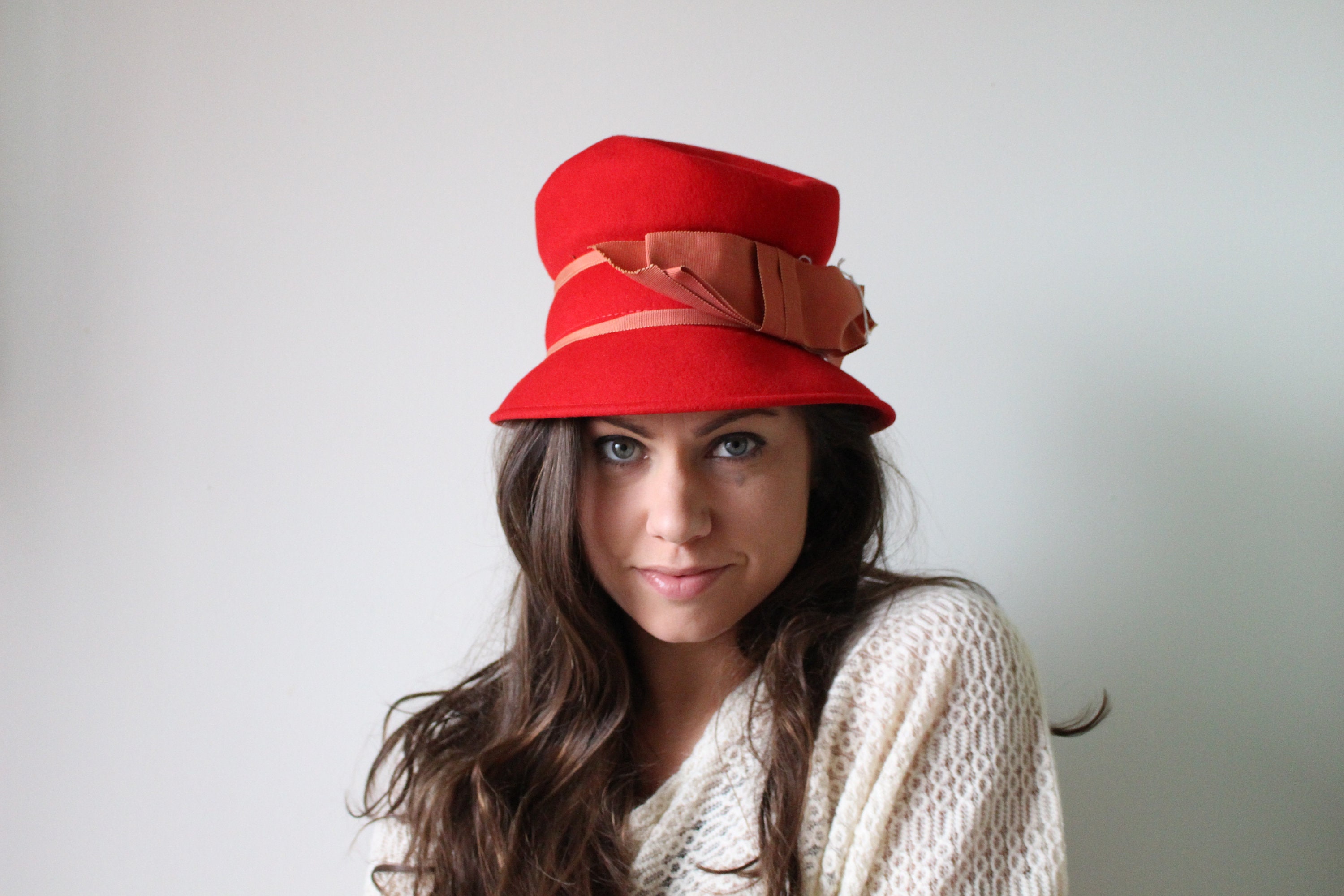 Vintage 50s Red Fur Felt Cloche Hat Orange Ribbon Bow Mid-Century Mod Fedora Merrimac Fur Felt - Etsy main image 4