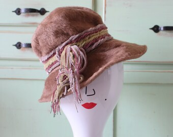 Vintage Gimbels Furry Hat: 1950s-60s Brown Velvet Trim