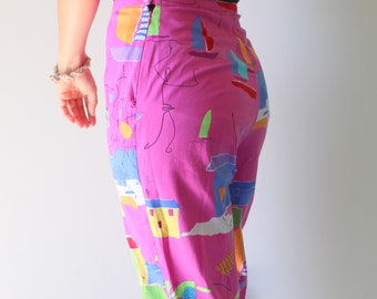 90s Artsy Capri Pants, Hot Pink Colorful Print (Medium)