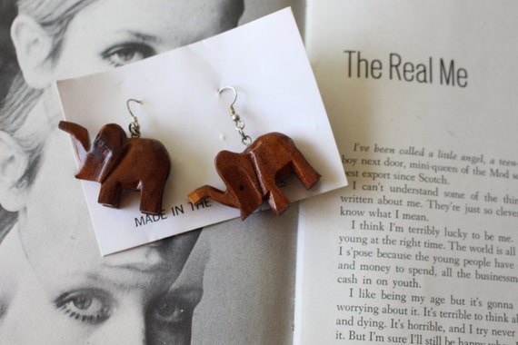 80s Vintage ELEPHANT Earrings....wood. pierced ea… - image 3