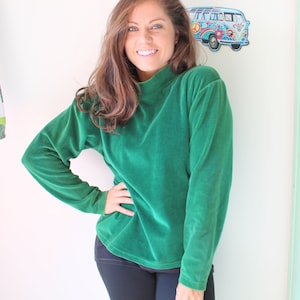 Vintage Green Knit Sweater Top: 1980s Velvet Soft Boho Style