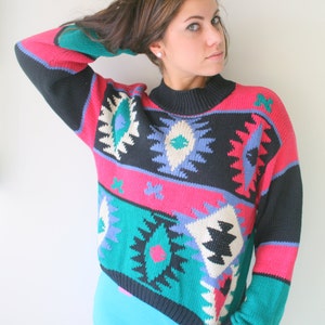 Vintage AZTEC Sweater Pullover..medium. large. indie. acid. kitsch. fun. 90s clothing. unisex. womens. ladies. . folk. floral