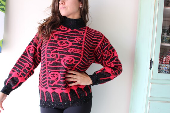 1980s RED and Black Geometric Sweater..red. black… - image 4