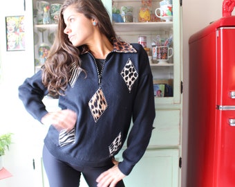 Vintage 90er Jahre Animal Print Strickjacke: Leopard- & Zebra-Pullover