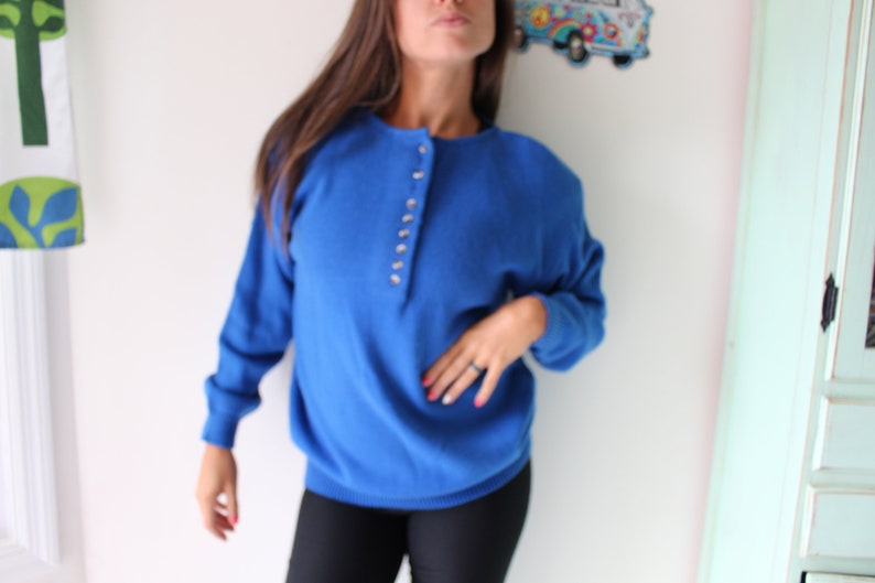 1980s ROYAL BLUE Sweater...unicorn. colorful. bright. retro. sapphire. azure. 1980s sweater. rad. fun. festive. holiday. bright. cardigan. image 2