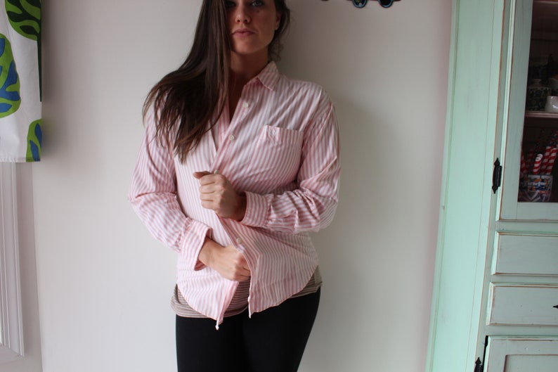 sporty pink 1980s Vintage BUTTON DOWN SHIRT...size medium...retro unisex classic preppy kitsch white nautical holiday fun striped