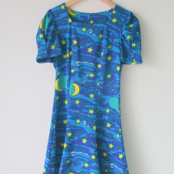 1960s GALAXY Mod Girl Dress.large girls..xsmall adults..children. kids. universe. moons. stars. dress. pleated. vintage handmade. gogo. blue