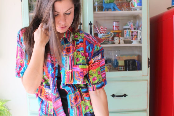 Vintage 80s Silk Blouse: Rainbow Abstract Print, … - image 1