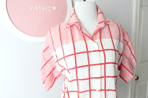 Vintage Red White Check Striped Unisex Blouse....… - image 3