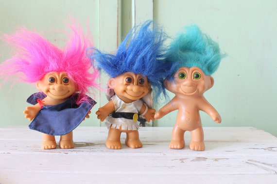 Vintage TROLLS Doll Set: Colorful Hair, 1980s-90s Kitsch