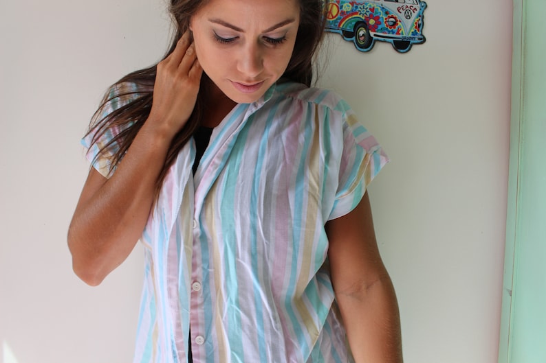 bright rad striped urban crop top medium fun 1980s RAINBOW Pastel Hipster Button Down....pink large colorful unisex retro 1980s