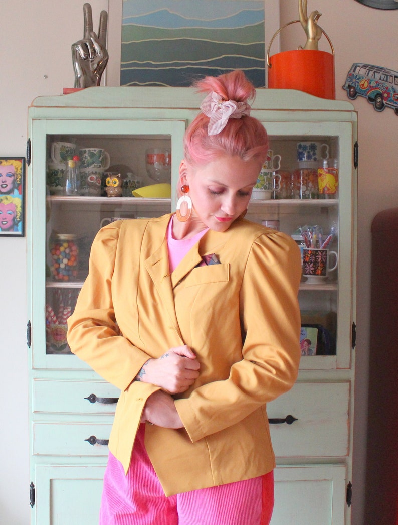 mod 1980s Vintage Brown MUSTARD Jacket...vintage 12 shoulder pads big buttons womens retro made in USA gogo twiggy business kooky
