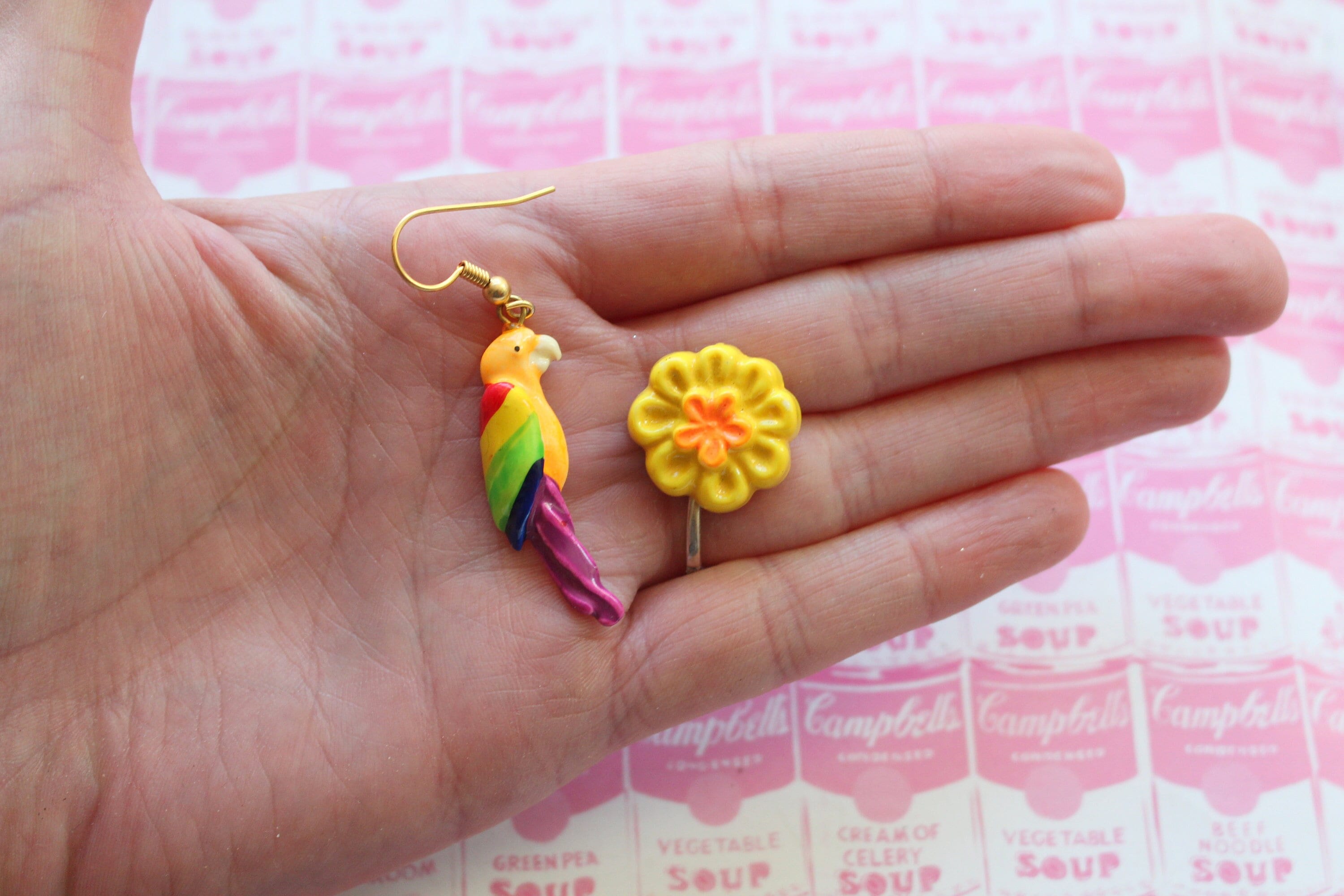 Vintage Mismatched Earrings: 80s Glam Parrot & Flower Set - Etsy