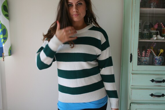 1980s Striped Acrylic Sweater: Retro Green & White - image 2