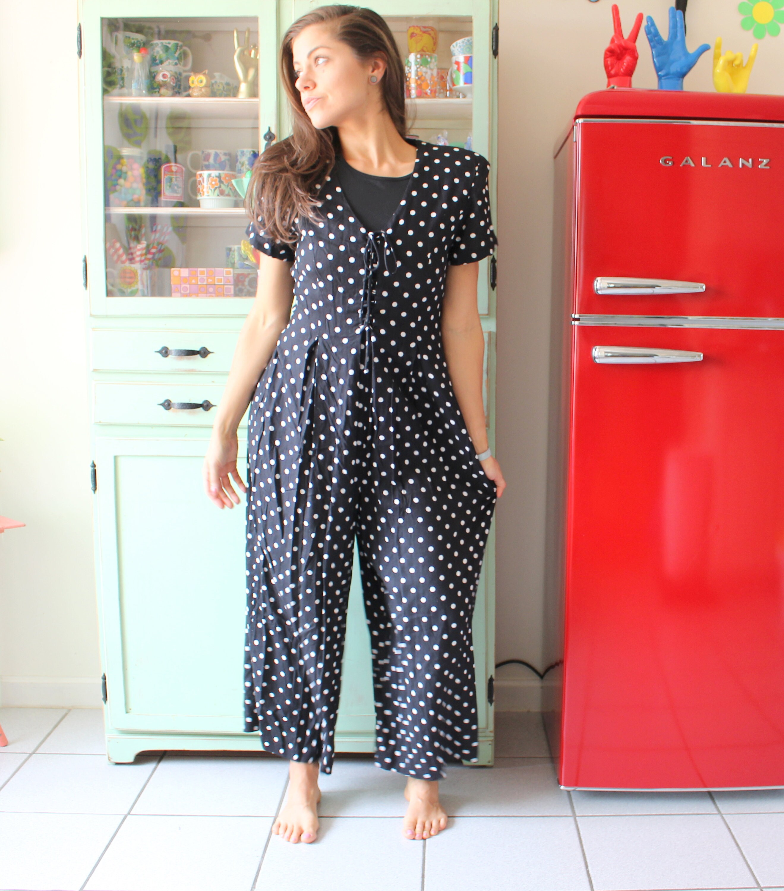 Vintage Black Polka Dot JUMPER.size small to medium80s. mod. jumper. romper. pantsuit. jumpsuit. vneck. fashion. festival