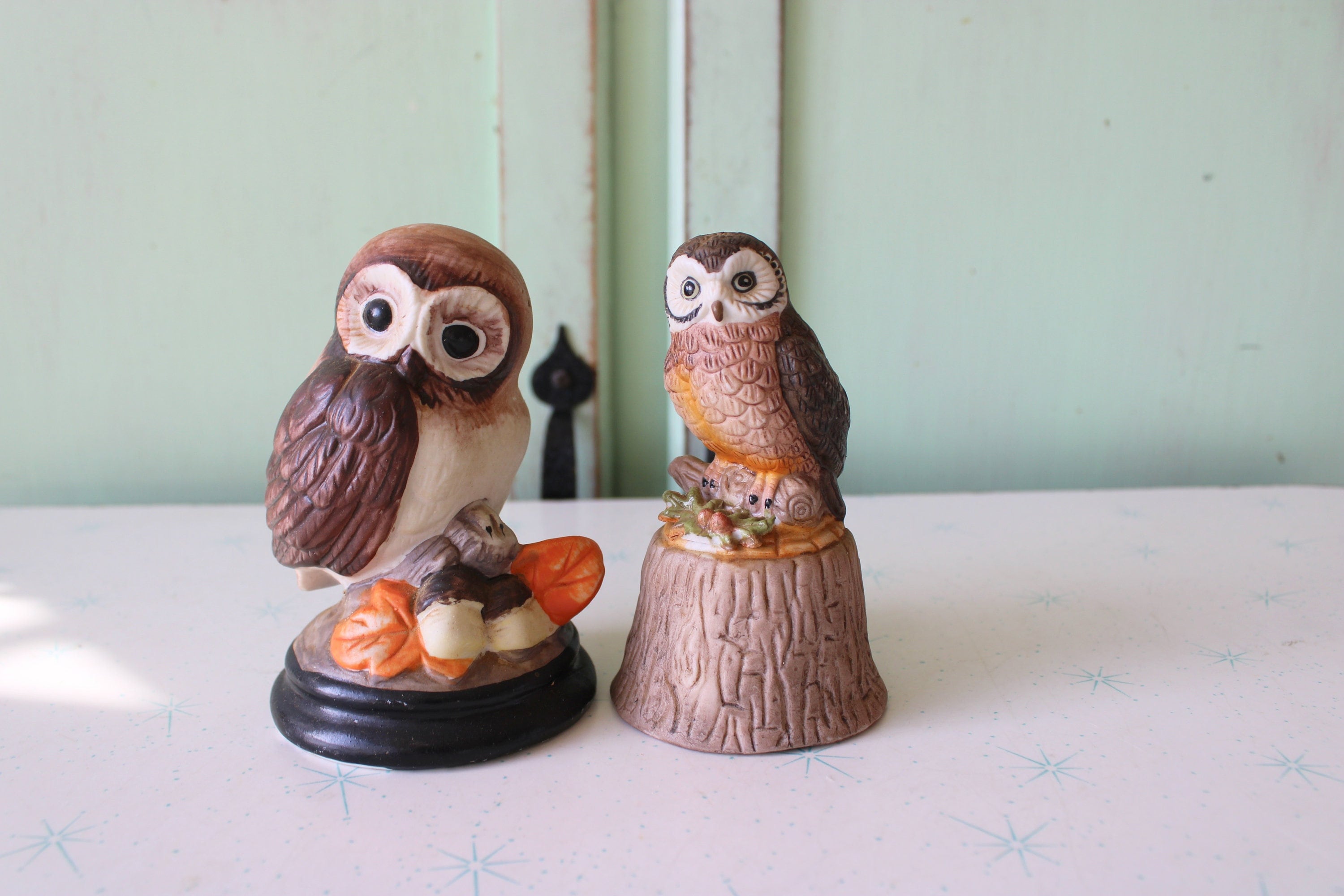 1970s Retro Owl Figurines: Kitsch Ceramic Home Decor Set