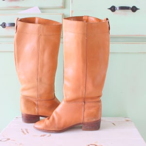 1980s Vintage Tan Leather Tall Boots - Mod Style, Women&#39;s 6.5