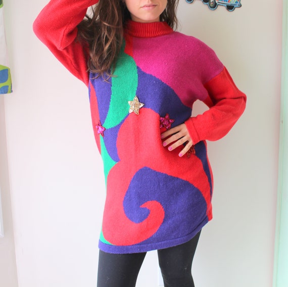 1980s RAINBOW DREAM Oversized Geometric Sweater...