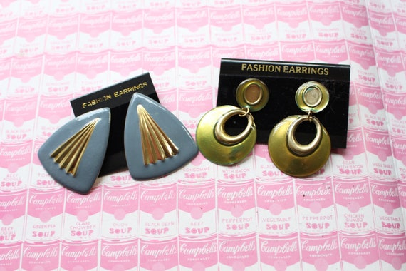 1980s Retro Earrings Set: Gray & Gold Geometric D… - image 1
