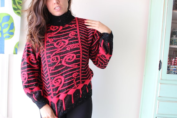 1980s RED and Black Geometric Sweater..red. black… - image 2