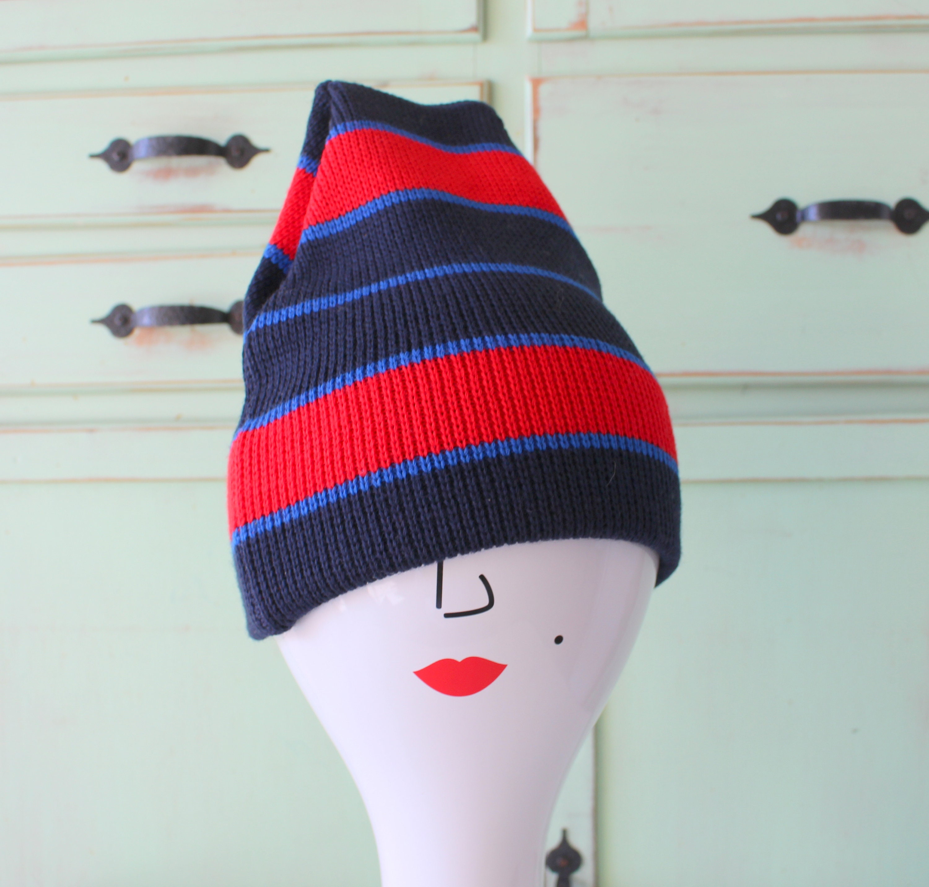 Vintage 70s Retro Striped Knit Ski Beanie Cuffed Winter Hat Ski Patrol Beanie - Retro Stripe Winter Hat | Handmade in  main image 2