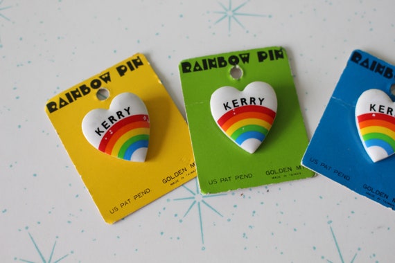 1980s RAINBOW Name Button Pin....heart. rainbow b… - image 2