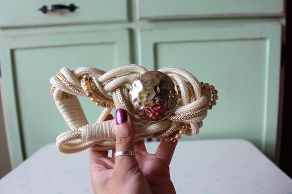 1980s Braided Rope Belt: Gold Metal & Pearl, Size Medium - Etsy display picture 3