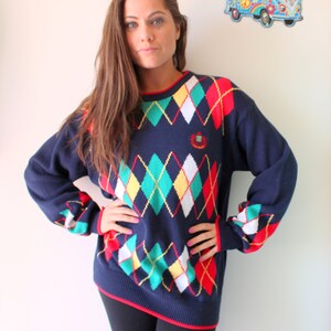 1980s Argyle Sweater: Oversized Rainbow Knit, Unisex Large