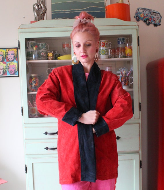 1980s RED Black LEATHER Coat Jacket.....unisex. me